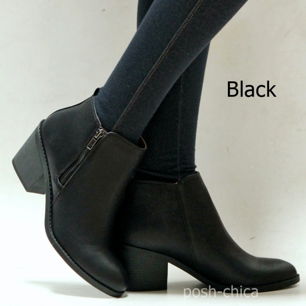 New Black Zipper Chunky Heel Booties Ankle Boots - Picture 2 of 4